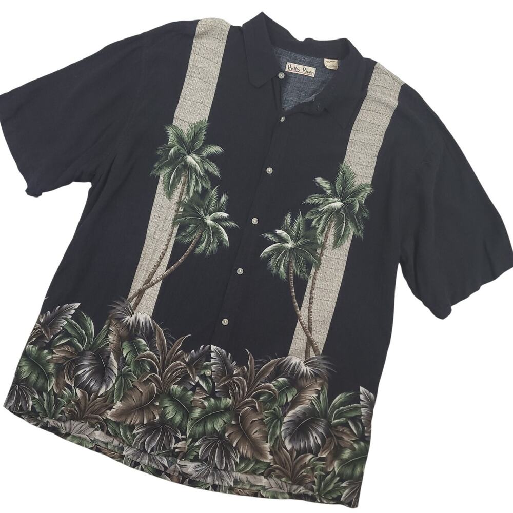 Hollis River Men's Hawaiian Button Up Shirt Sz XXL 100% Rayon Palm Trees Black